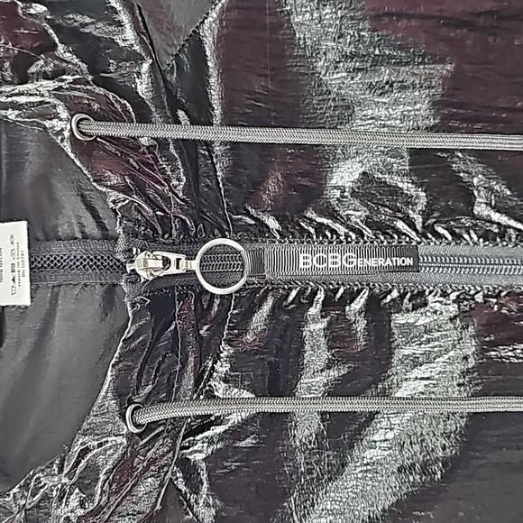 BCBGeneration Black Shiny Windbreaker Drawstring Hooded Bomber Jacket - Picture 4 of 14